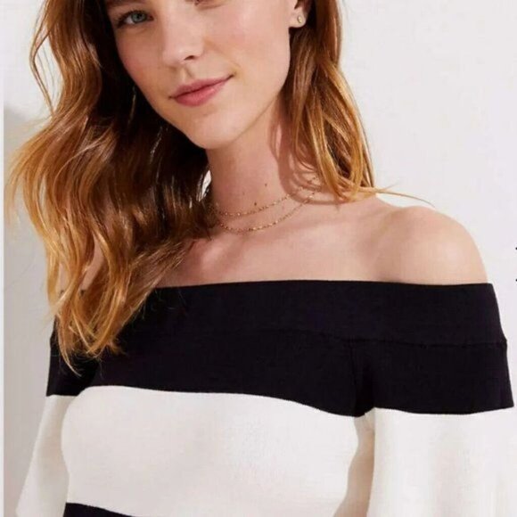 LOFT  Top  S  Off Shoulder Striped Knit  Black  White Nautical - Picture 3 of 7